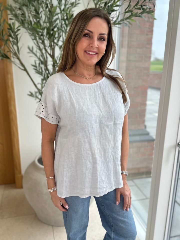 Pale Grey Linen Broderie T-Shirt