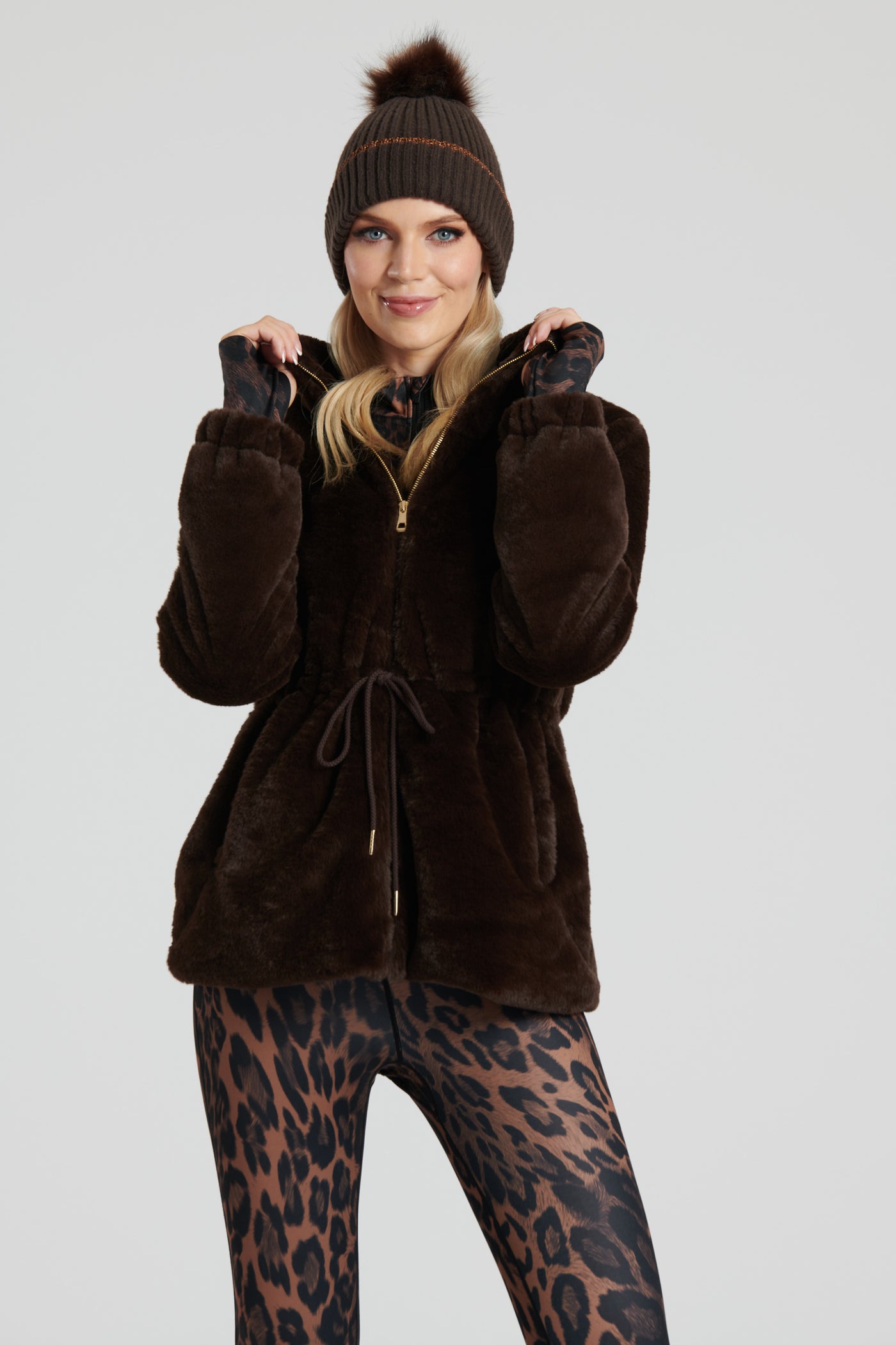 Chocolate Faux Fur Waist Tie Jacket