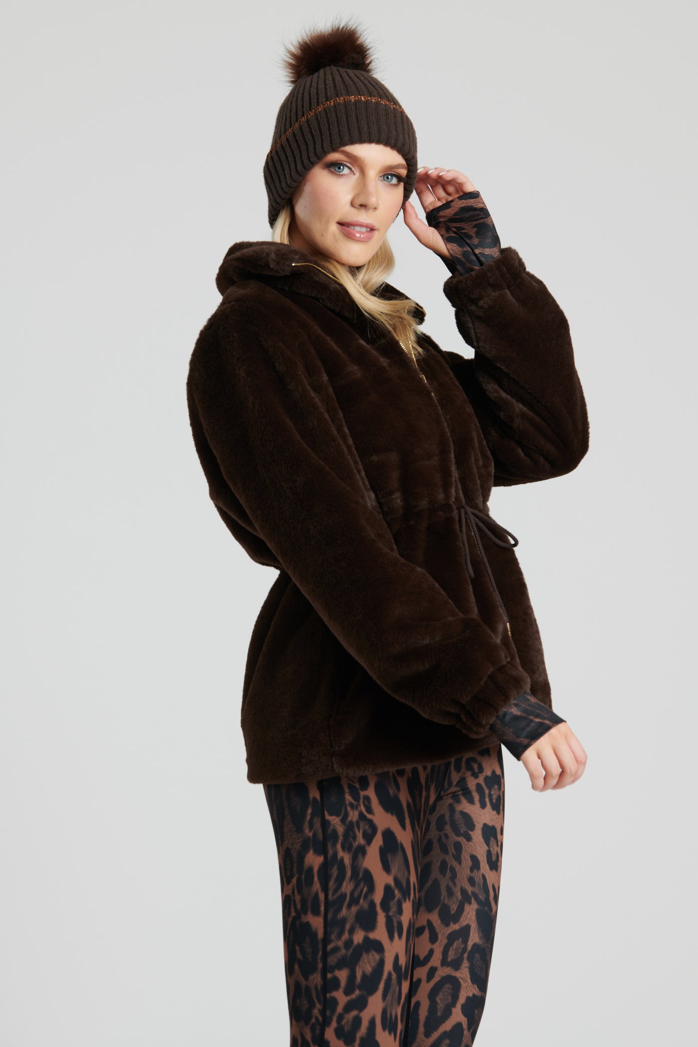 Chocolate Faux Fur Waist Tie Jacket