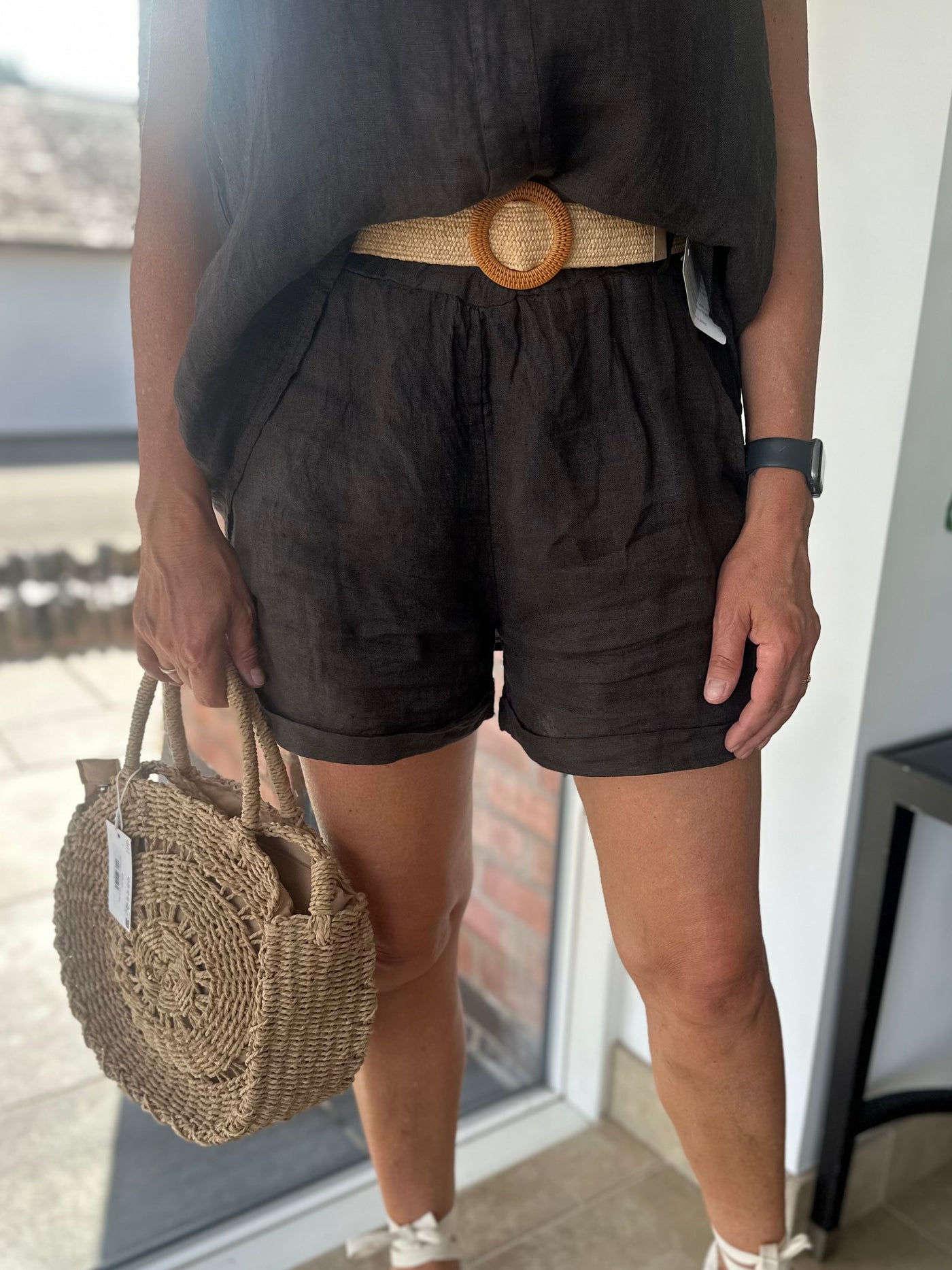 Chocolate Linen Shorts With Belt