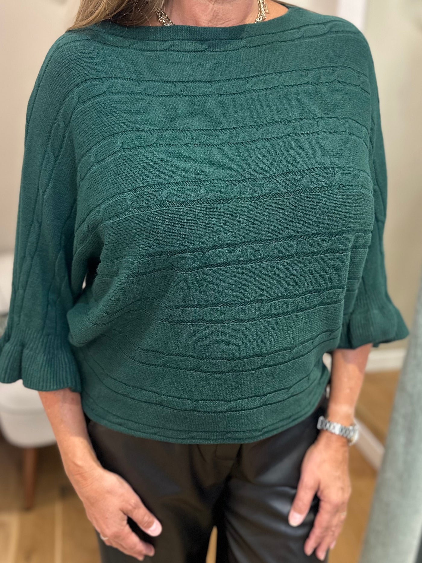 Green Cable Knit Frill Sleeve Jumper