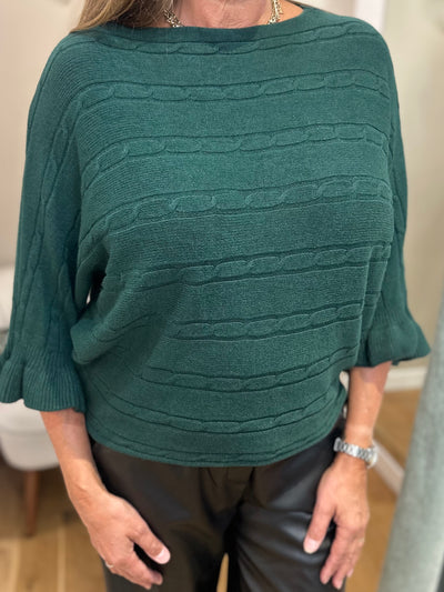 Green Cable Knit Frill Sleeve Jumper
