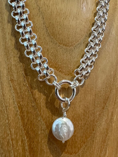 Silver Chunky Chain Pearl Pendant Necklace