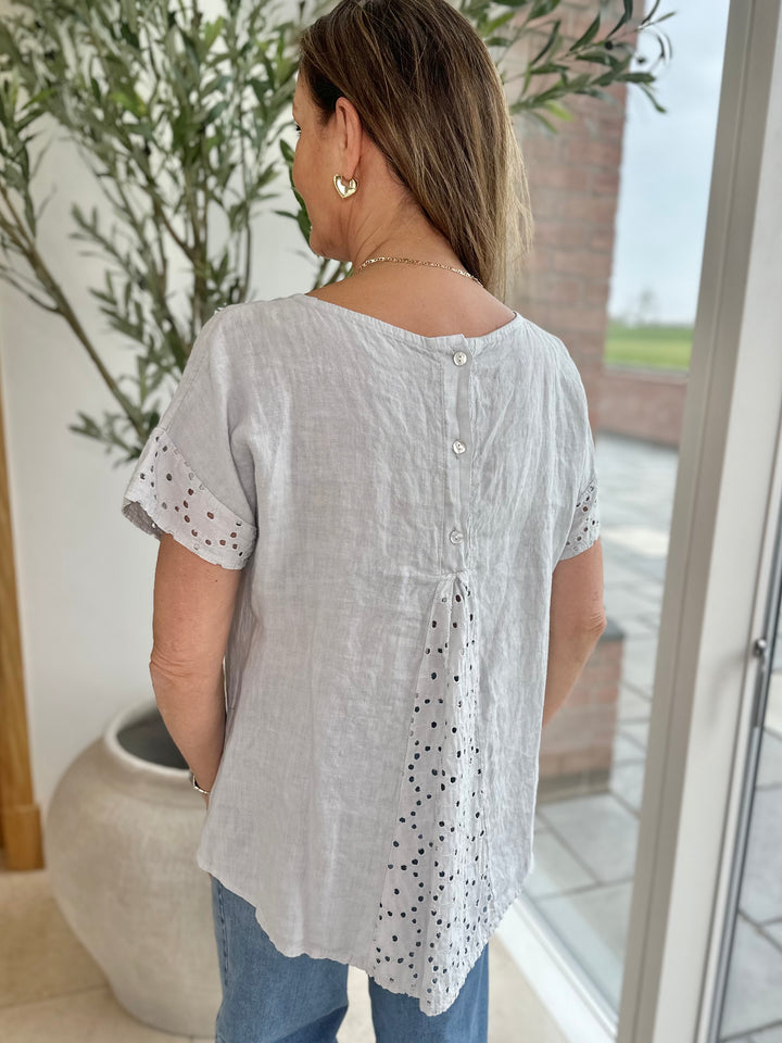 Pale Grey Linen Broderie T-Shirt