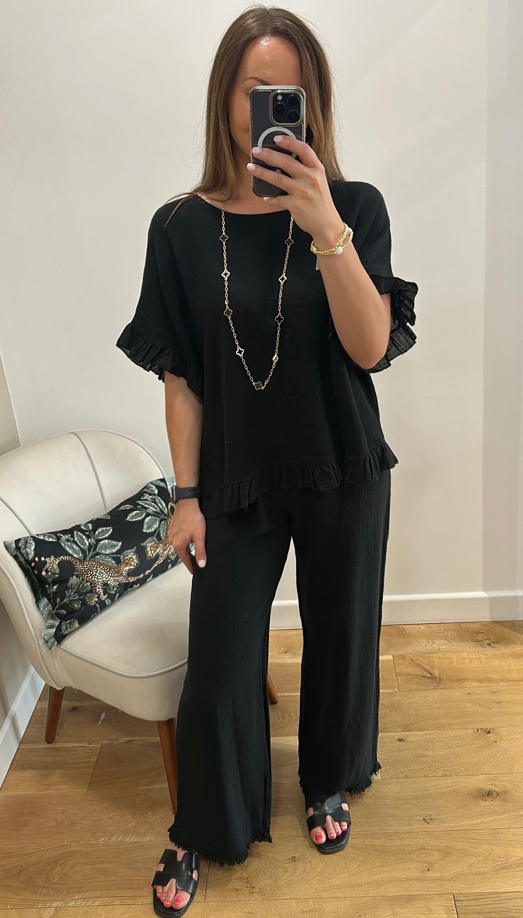 Black Waffle Linen Mix Trousers