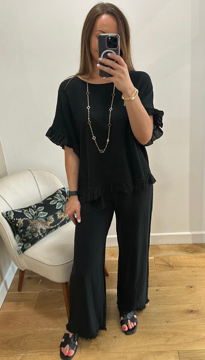 Black Waffle Linen Mix Trousers
