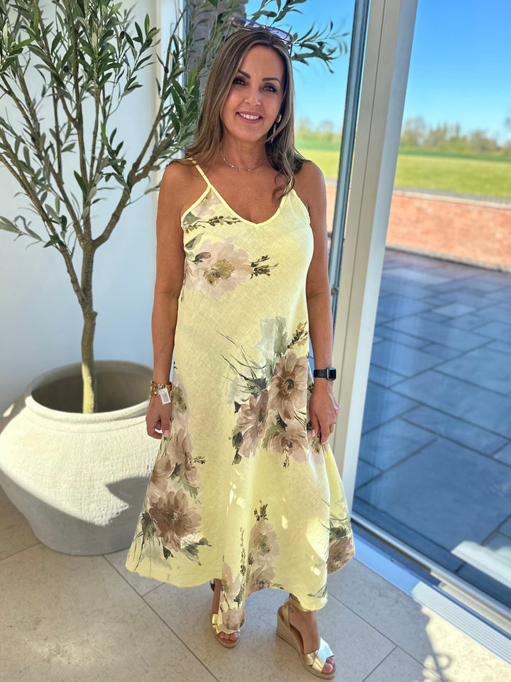 Yellow Linen Flower Print Sun Dress