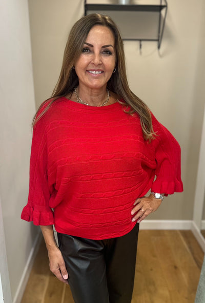 Red Cable Knit Frill Sleeve Jumper
