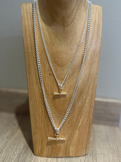 Silver Two Tone T-Bar Necklace