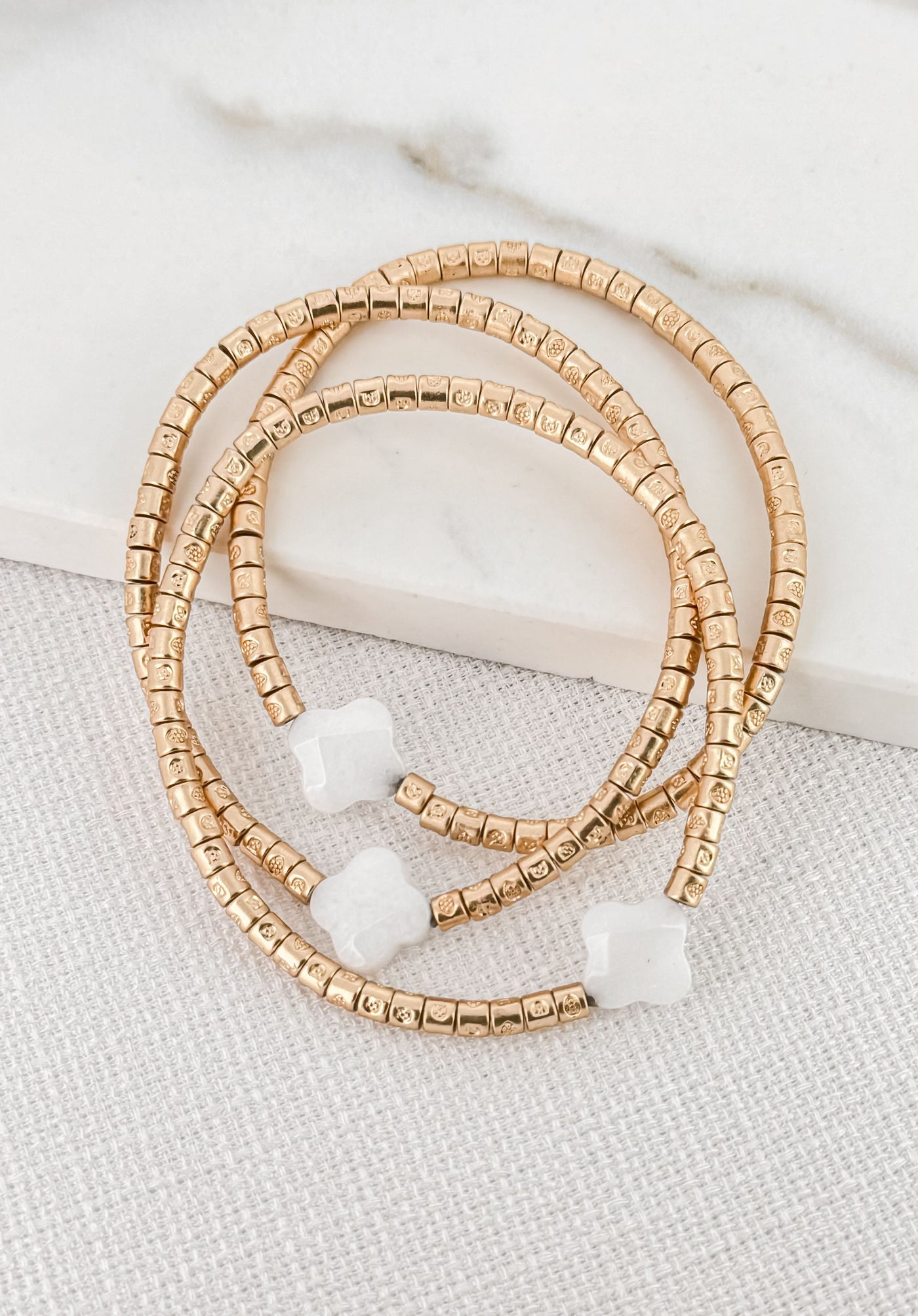 Gold & White Stone Clover Layered Bracelet