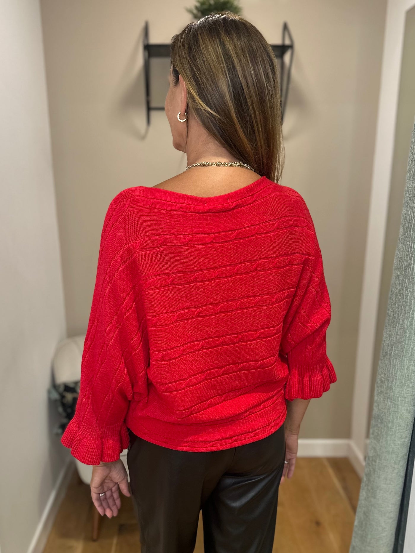 Red Cable Knit Frill Sleeve Jumper