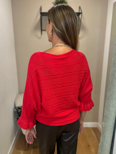Red Cable Knit Frill Sleeve Jumper