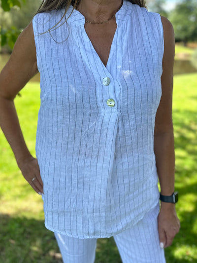 d.e.c.k White Pinstripe Top