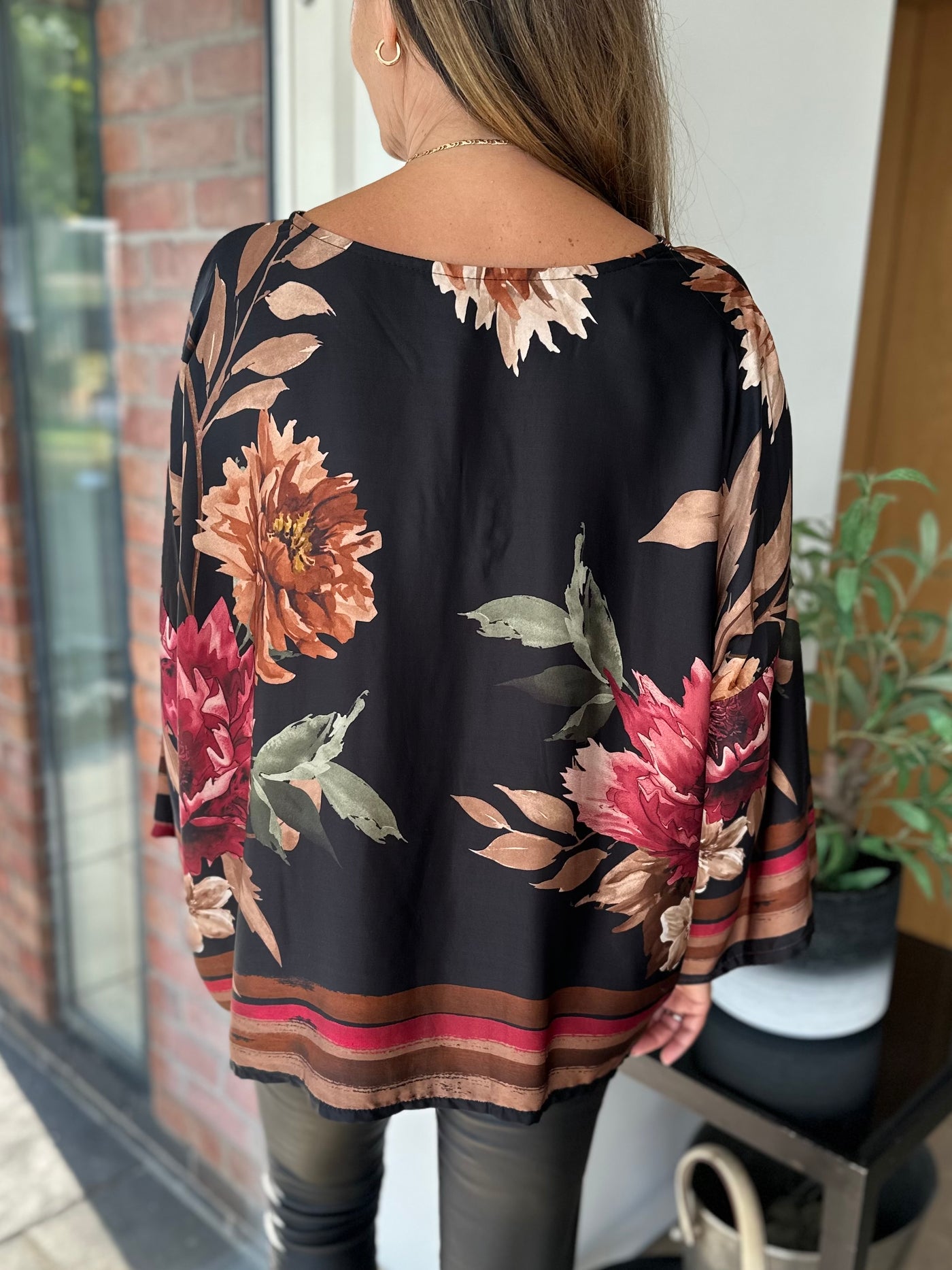 Black & Wine Floral Satin Top