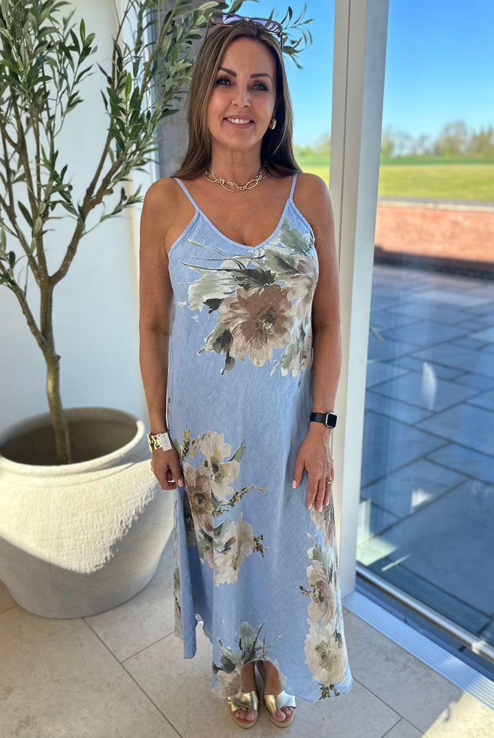 Blue Linen Flower Print Sun Dress