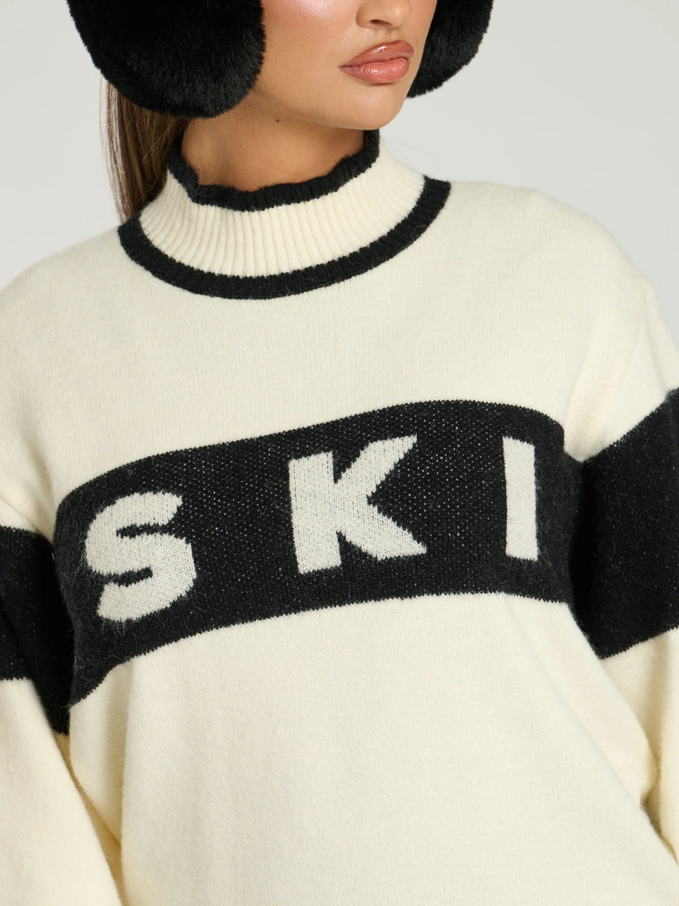 Cream & Black Ski Slogan Jumper