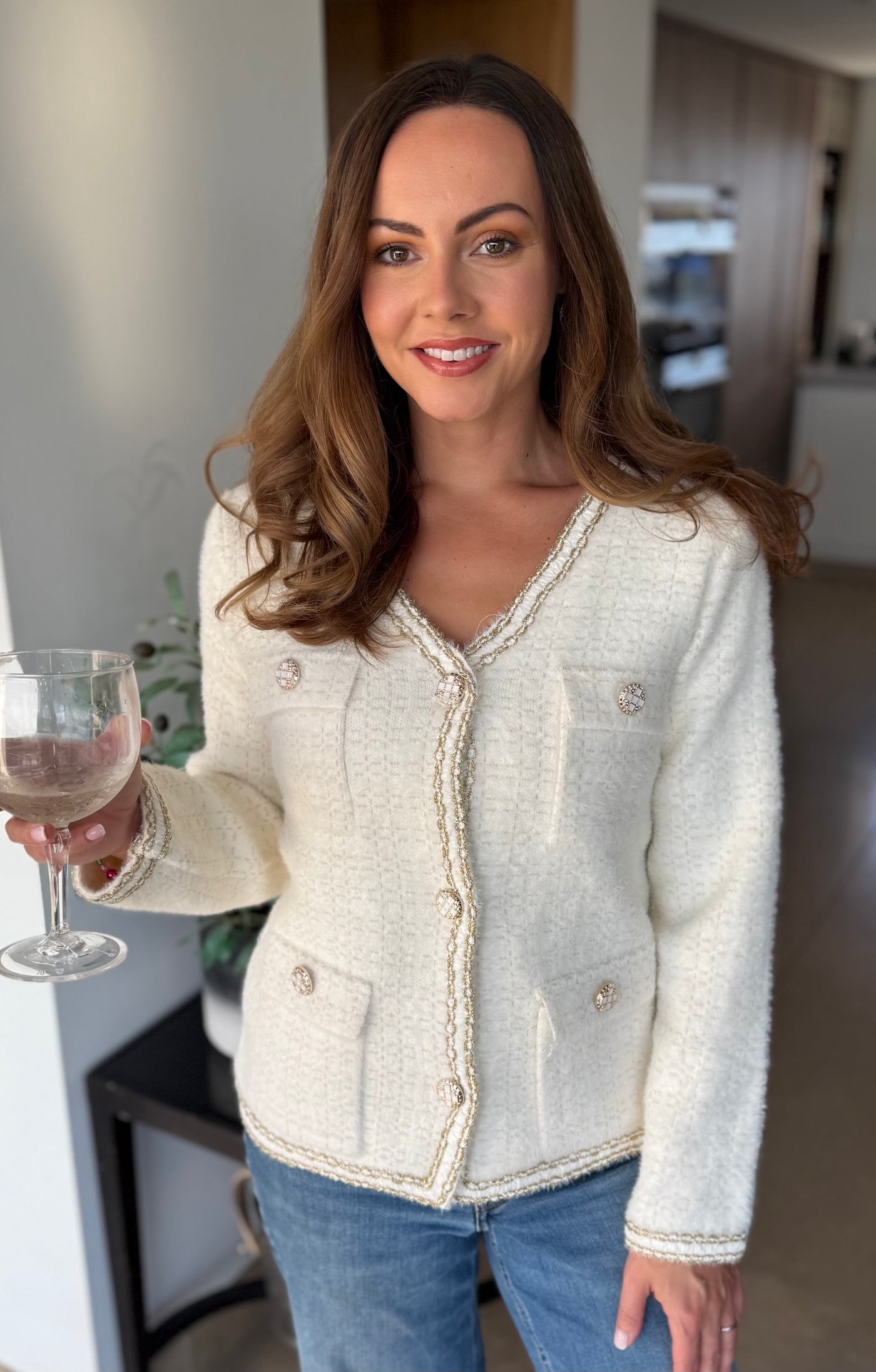 Ivory & Gold V Neck Cardigan