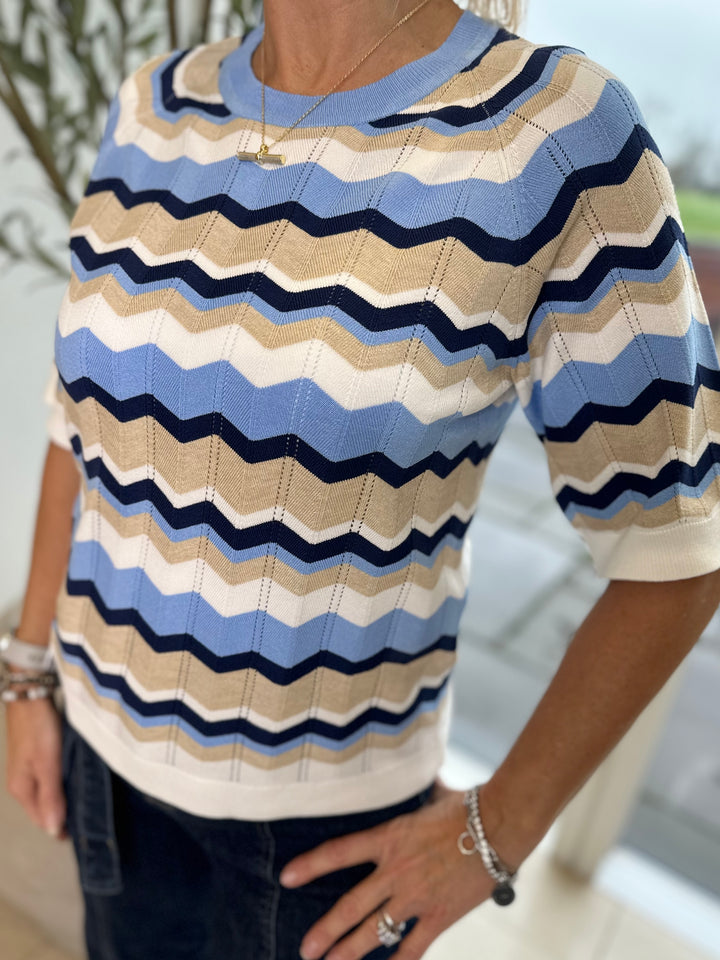 Byoung Blue Stripe Pointelle Round Neck