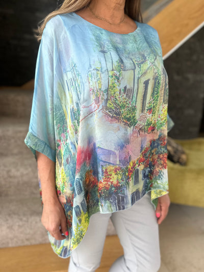 Blue Monet Print Silk Layer Top