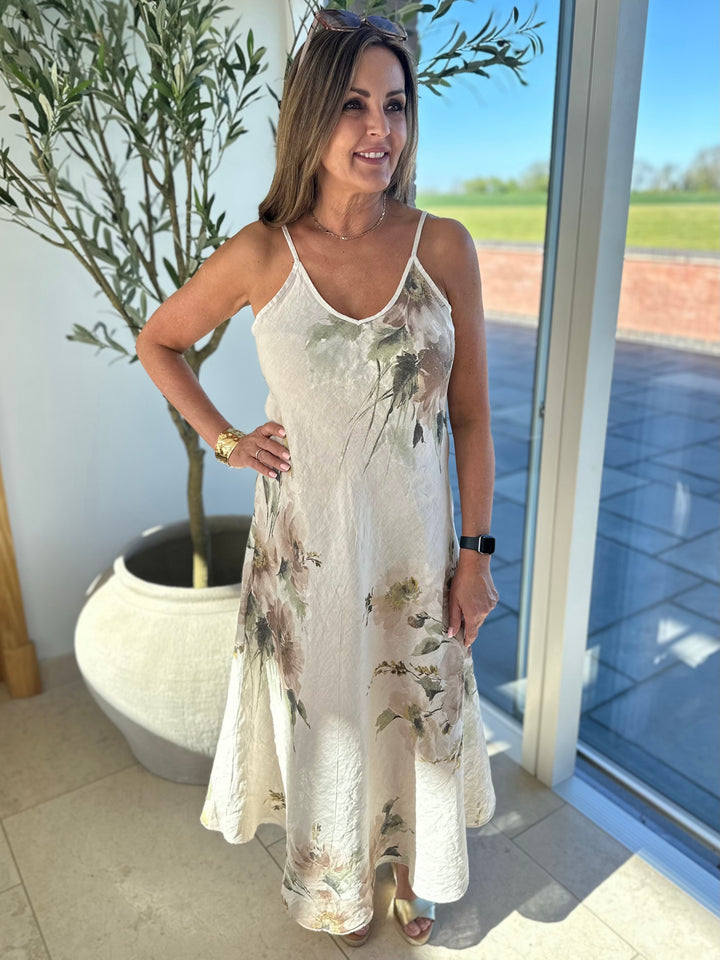 Stone Linen Flower Print Sun Dress
