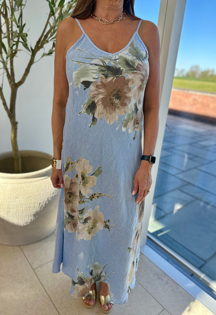 Blue Linen Flower Print Sun Dress