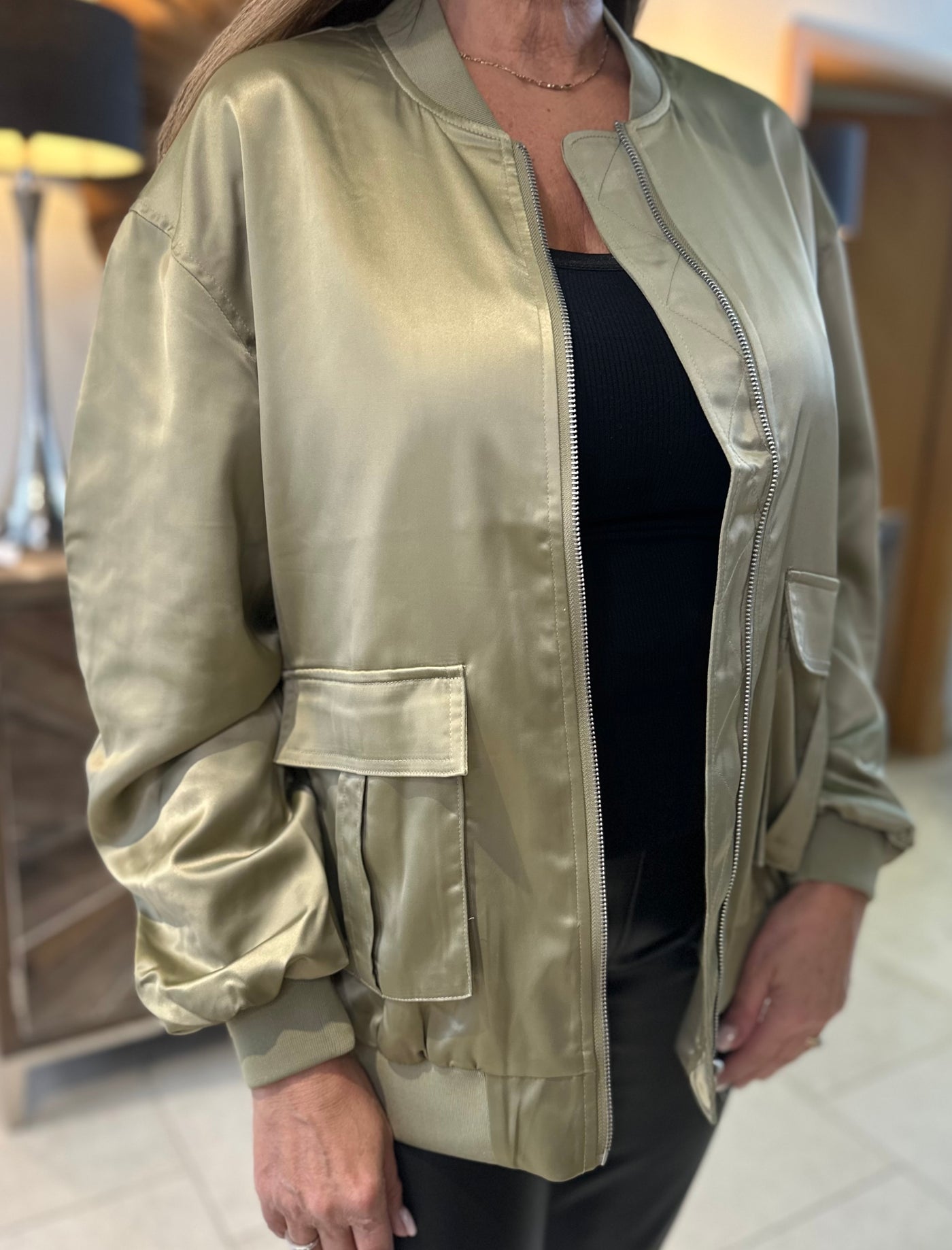 Byoung Khaki Satin Bomber Jacket