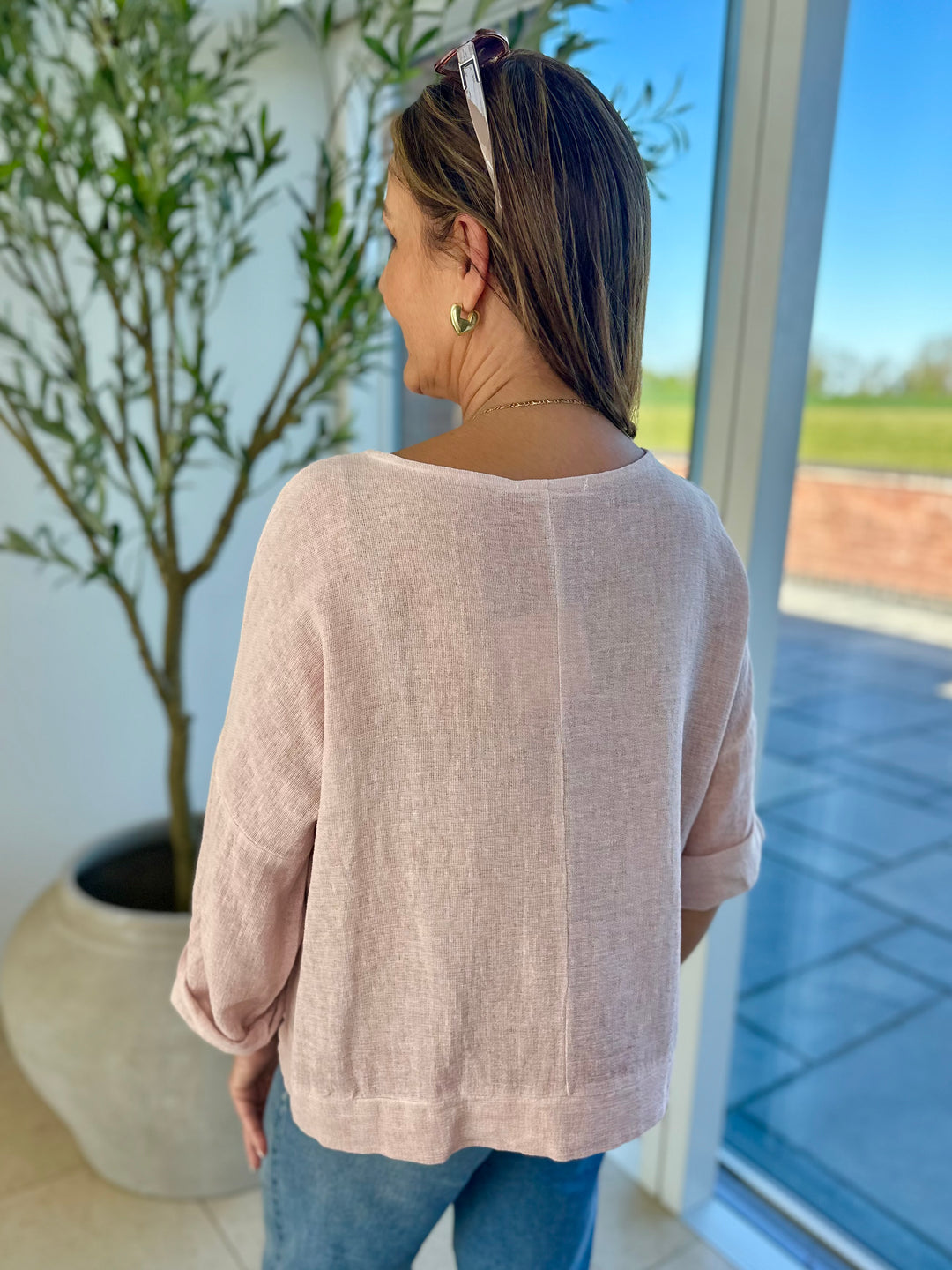Dusky Pink Ruched Side Waffle Top