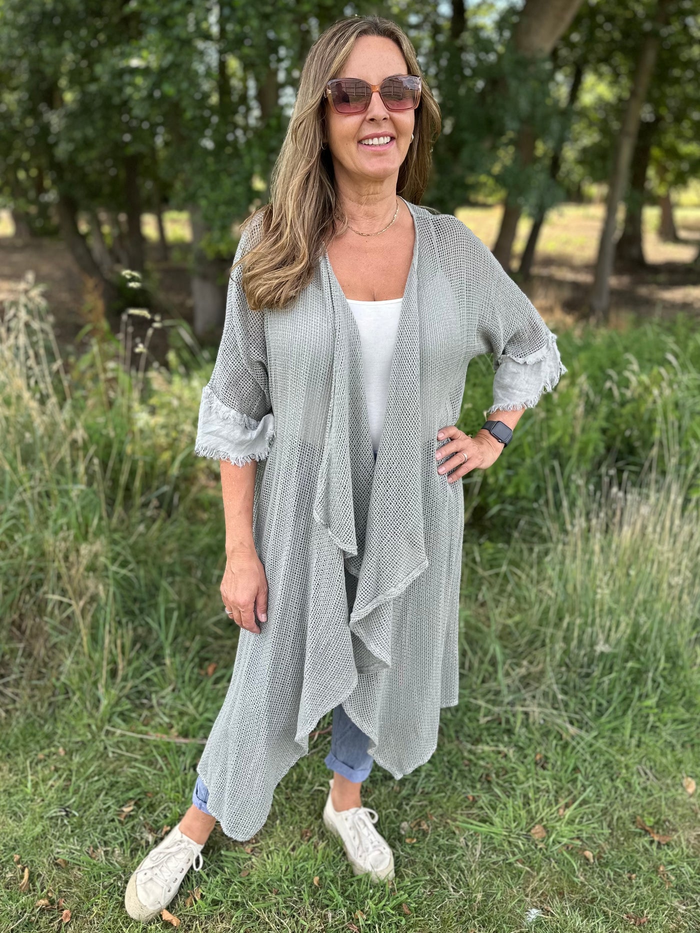 Khaki Waffle Waterfall Long Jacket