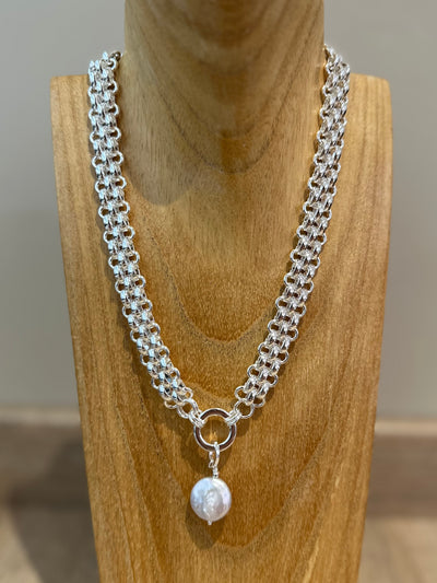 Silver Chunky Chain Pearl Pendant Necklace