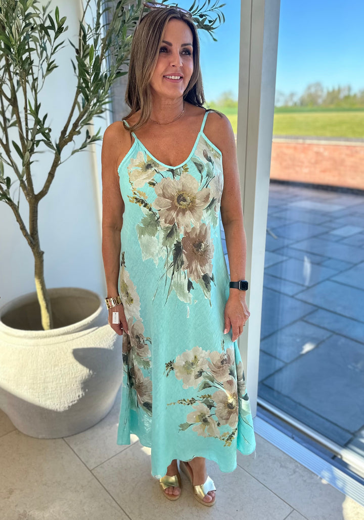 Turquoise Linen Flower Print Sun Dress