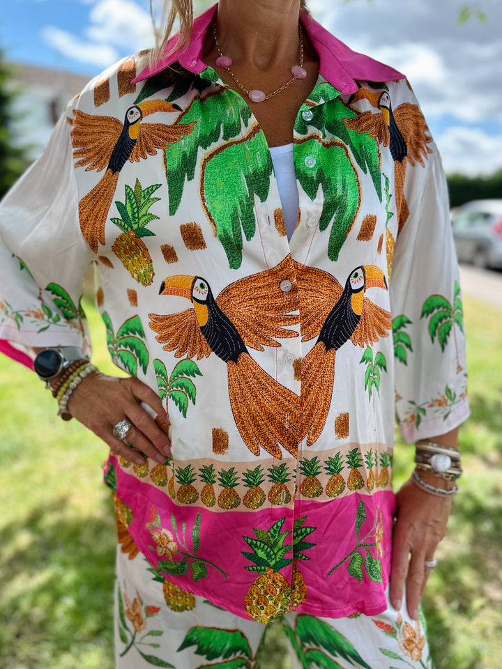Tropical Toucan Print Silky Shirt