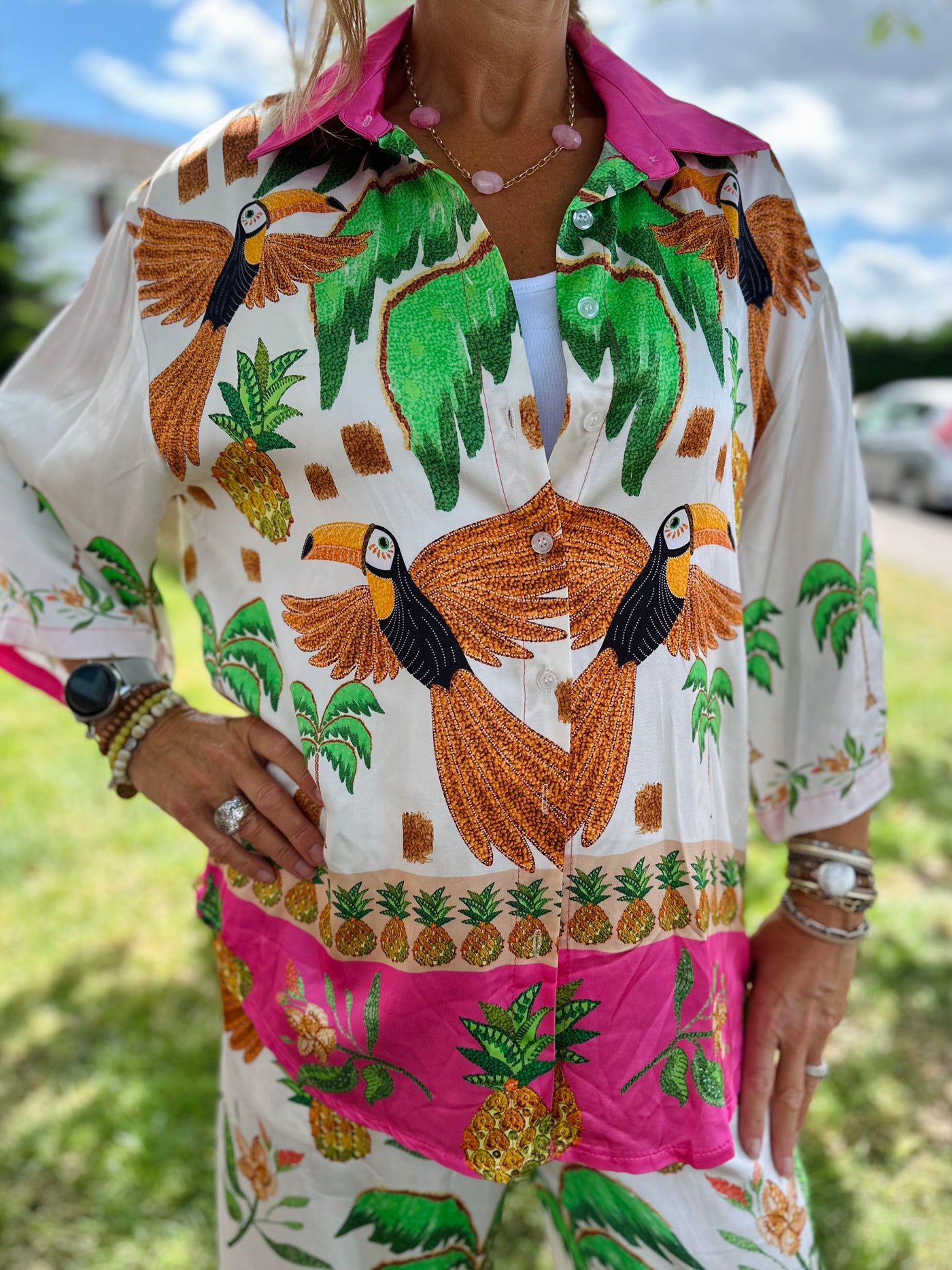 Tropical Toucan Print Silky Trousers