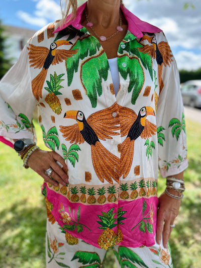 Tropical Toucan Print Silky Trousers