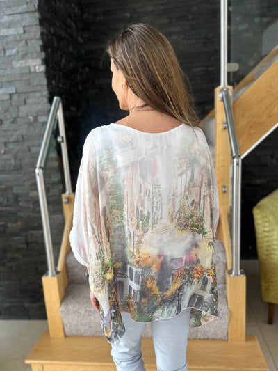 Grey Monet Print Silk Layer Top