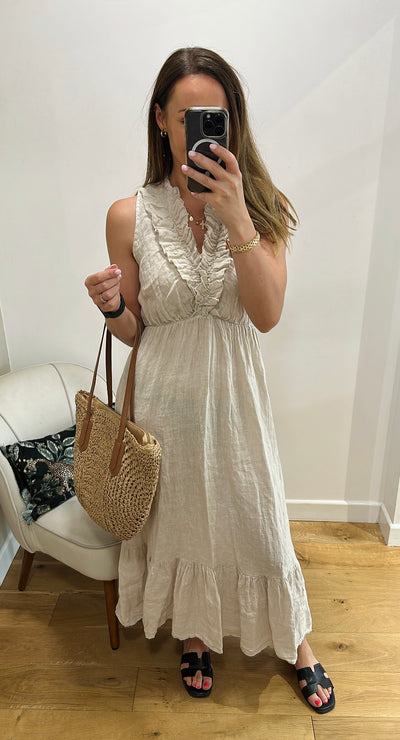 Stone Linen Ruffle Neck Dress