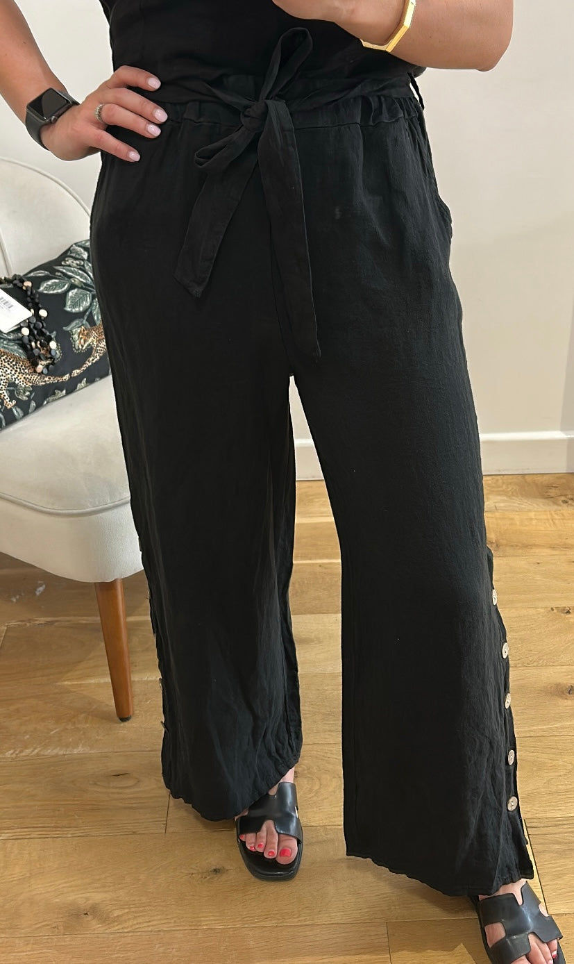 Black Button Leg Linen Trousers