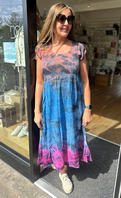 Multicoloured Tie Dye Shirred Cap Sleeve Dress
