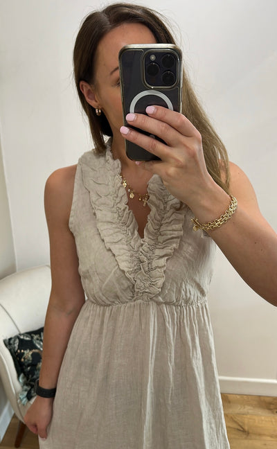 Stone Linen Ruffle Neck Dress