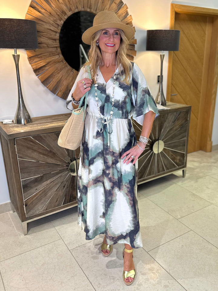 Fransa Green Watercolour Ayla Dress