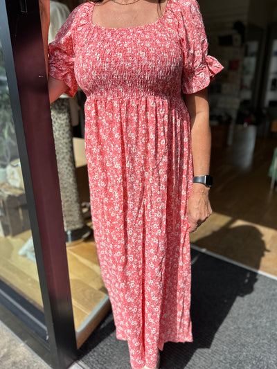 Coral Ditsy Floral Dress