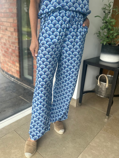 Blue Scallop Print Palazzo Trousers