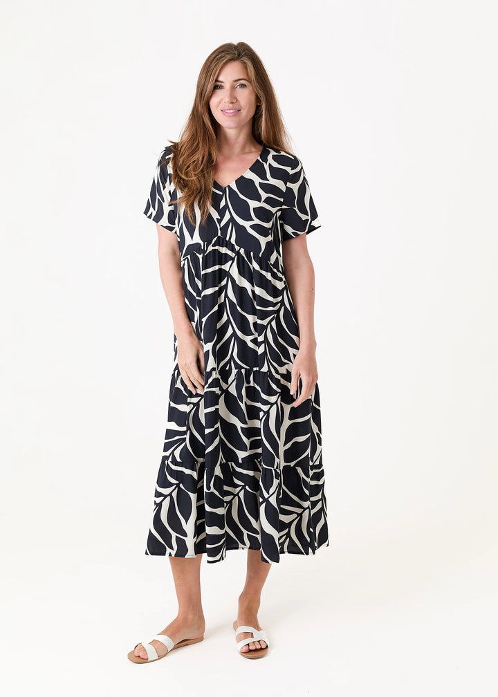 Black Leaf Print Tiered Dress
