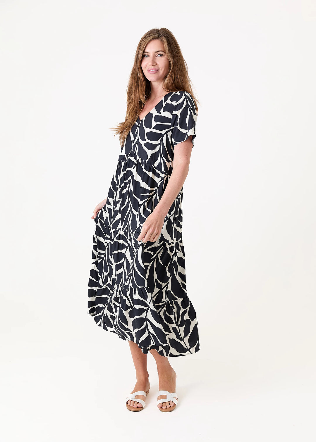 Black Leaf Print Tiered Dress