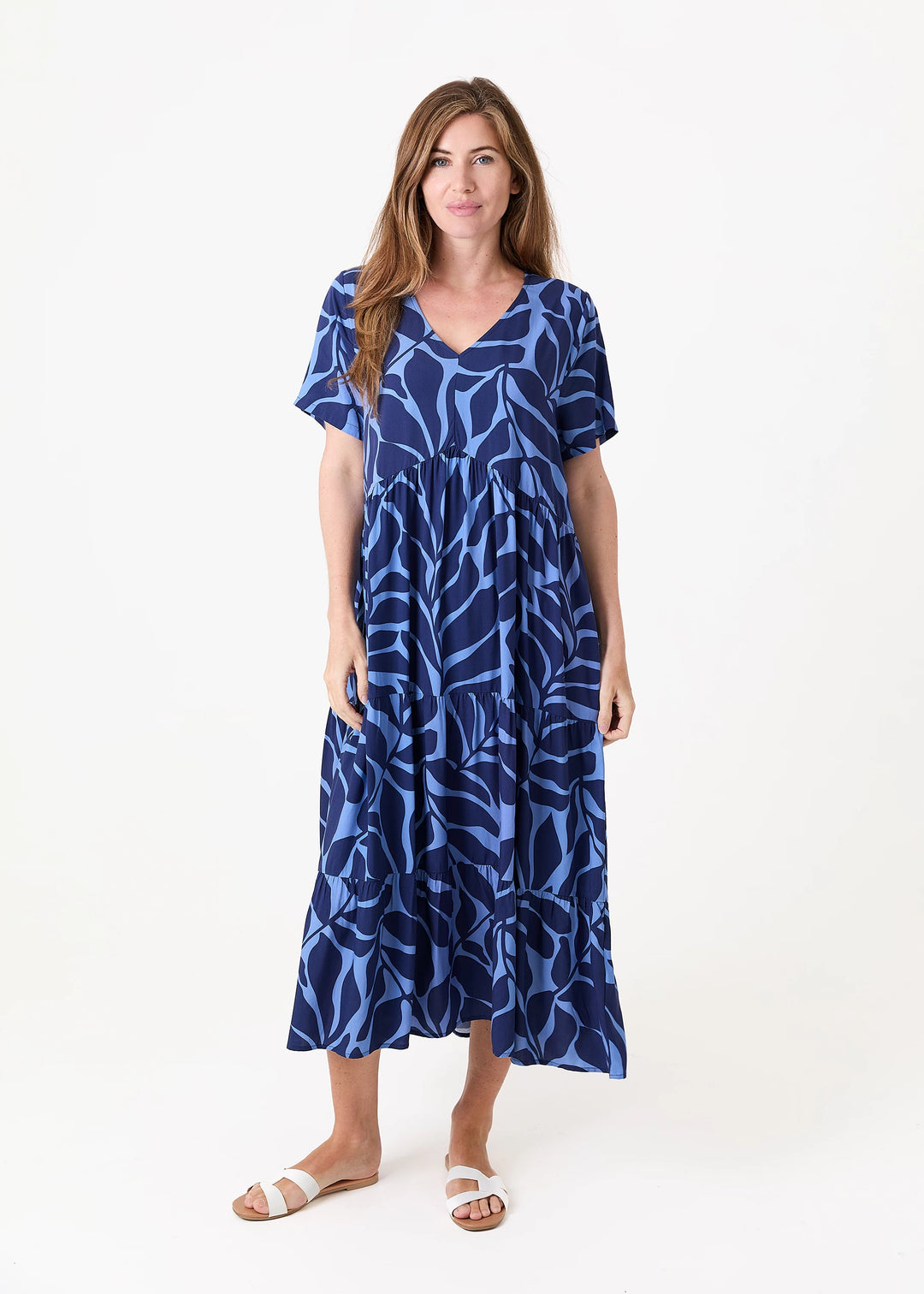Navy Leaf Print Tiered Dress