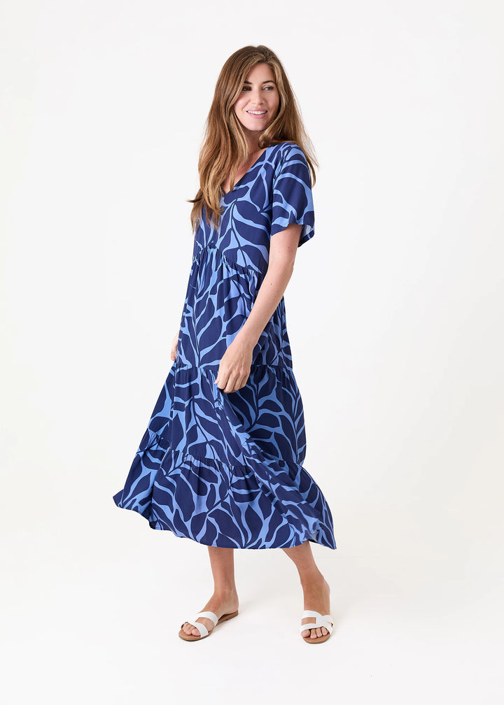 Navy Leaf Print Tiered Dress