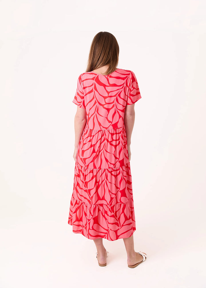 Coral Red Leaf Print Tiered Dress