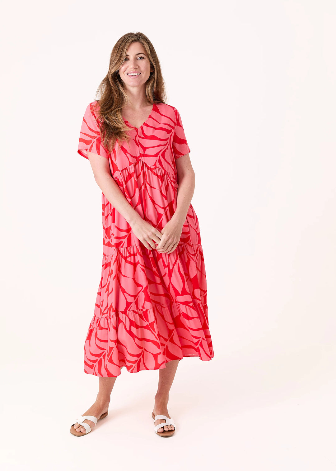 Coral Red Leaf Print Tiered Dress