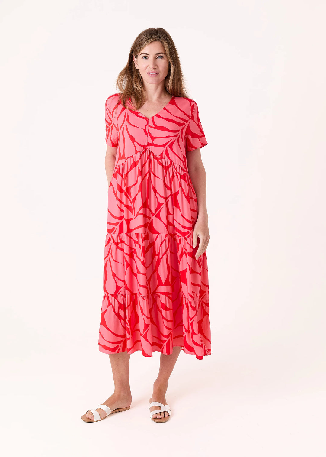 Coral Red Leaf Print Tiered Dress