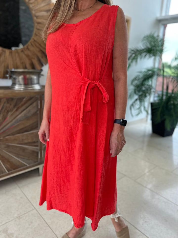 Red Linen Waist Tie Dress