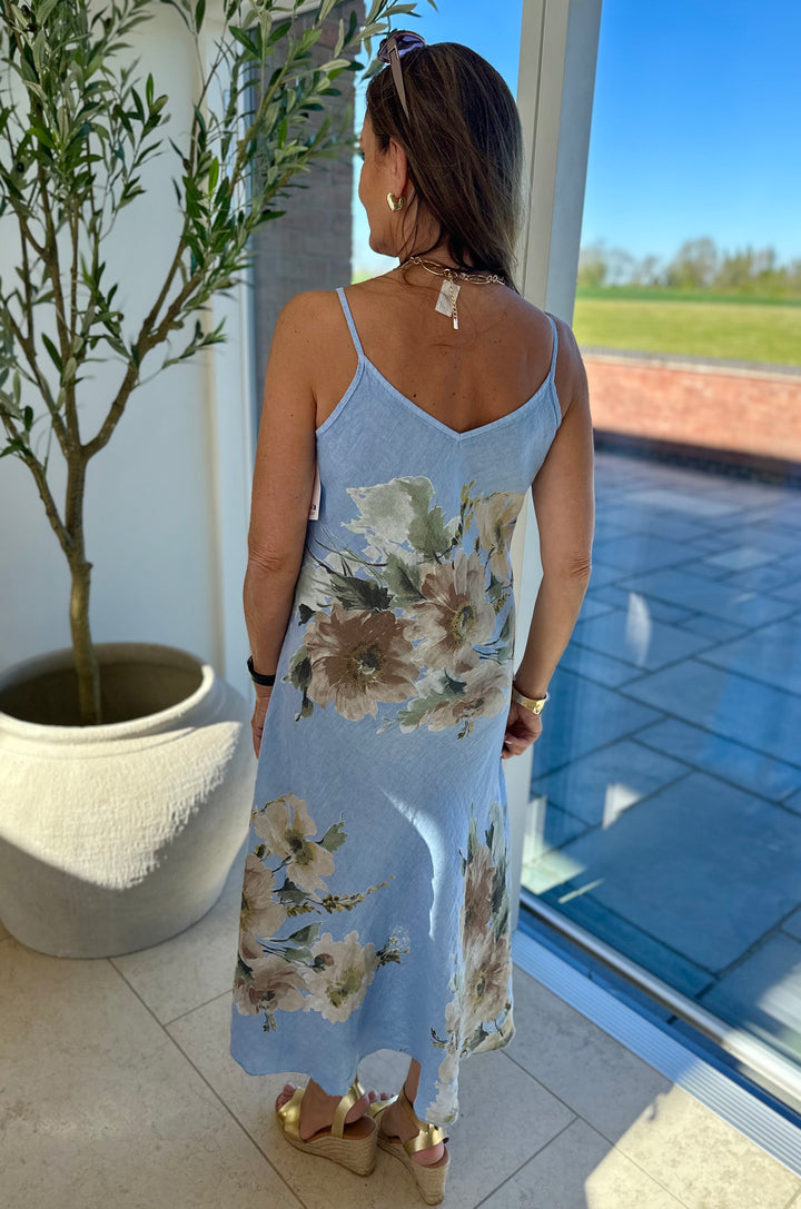 Blue Linen Flower Print Sun Dress
